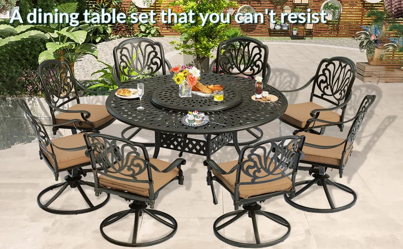 MEETWARM Outdoor 9-Piece Patio Dining Set, All-Weather Cast Aluminum Patio Conversation Set- 8 Cushioned Swivel Rocker, 61" Round Patio Dining Table w/Detachable Lazy Susan/Umbrella Hole, Dark Bronze