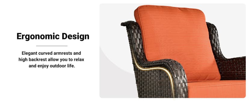 ovios 7 Pieces Patio Furniture Set, Outdoor Wicker Sofa Couch with Swivel Chairs 42" Fire Pit Table, All Weather High Back Modern Conversation Sets, Brown Rattan, Orange Red