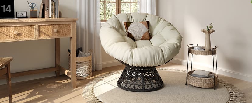 Yaheetech Indoor Papasan Chairs with Thick Tufted Cushions and Frame, Swivel Wicker Ergonomic Lounge Reading Chairs for Living Room/Bedroom, Beige