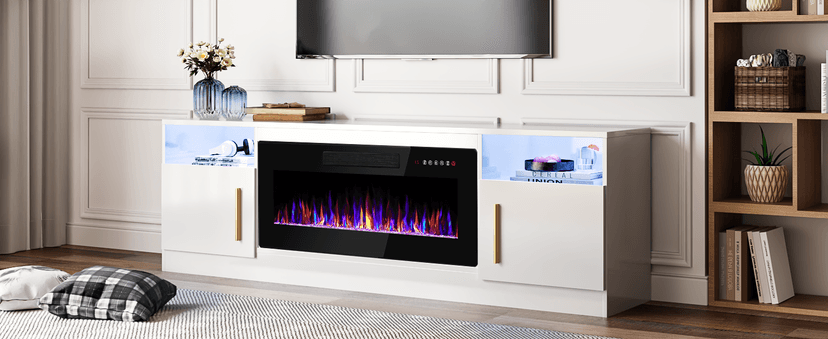 Lemberi Fireplace tv Stand with 36 inch Fireplace Up to 80" TVs,LED Light Entertainment Center and Storage, 70" Modern Wood Media TV Console with Highlight Cabinet for Living Room (White)