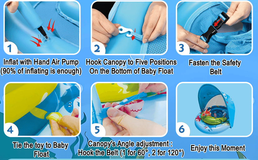 Inflatable Baby Pool Float with UPF50+ Sun Protection Canopy, Adjustable Safety Seat & Interactive Toy Play Console - Includes Ocean Animal Toys for Infants & Toddlers 3-36 Months