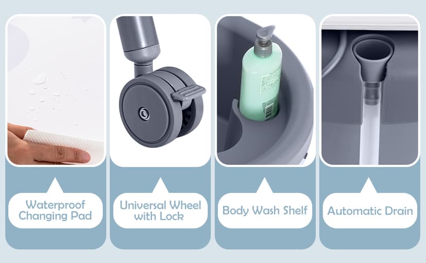 INFANS 2 in 1 Baby Changing Table with Bath Tub Unit, Folding Diaper Dresser Station with Wheels Waterproof Pad Storage Rack, Portable Nursery Organizer Stand for Newborn Infant (Light Grey)