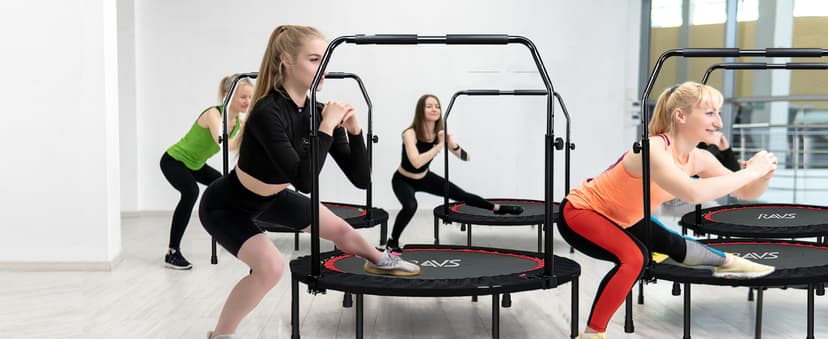 RAVS Mini Trampoline for Kids Adults 40"/48" Foldable Fitness Rebounder Kids Trampoline with 5 Levels Height Adjustable Handle Resistance Bands Indoor Workout