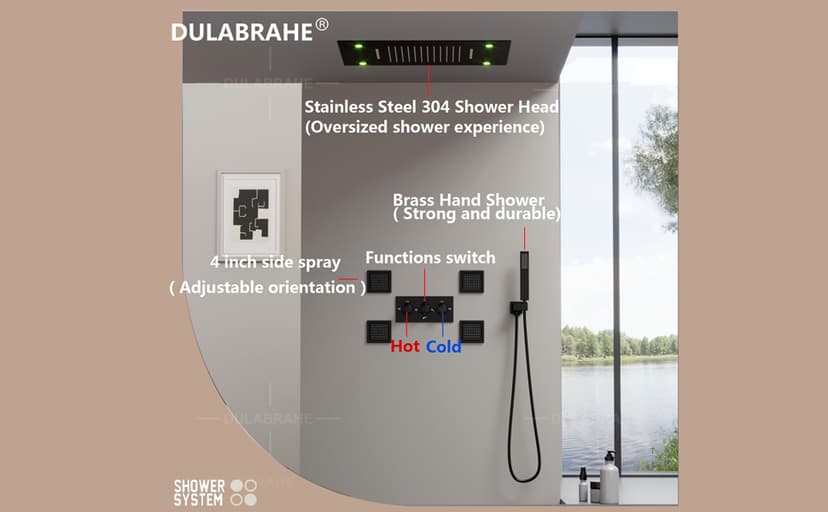 Waterfall And Rain Shower System Faucet Set 14 X 20 Inch LED Ceiling Rainfall Matte Black Shower Head With Handheld Spray Combo Shower Body Jets For Bathroom