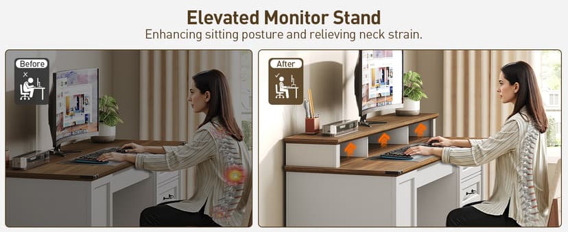 55'' Farmhouse Executive Desk with Drawers, Computer Desk with File Cabinet and Side Bookshelf, Writing Gaming Desk with Monitor Stand & Charging Station, White and Walnut