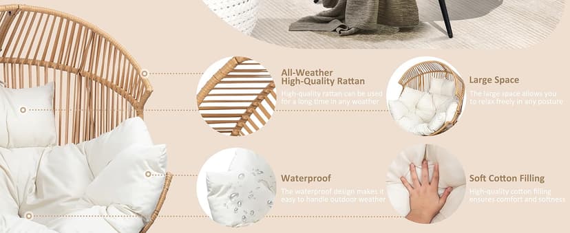 Shintenchi Wicker Egg Chair Outdoor Rattan Patio Chair with Cushion,Oversized Patio Lounge Chairs with Cushion Egg Basket Chair, Egg Seat for Indoor Living Room Bedroom Outside Patio Backyard Balcony