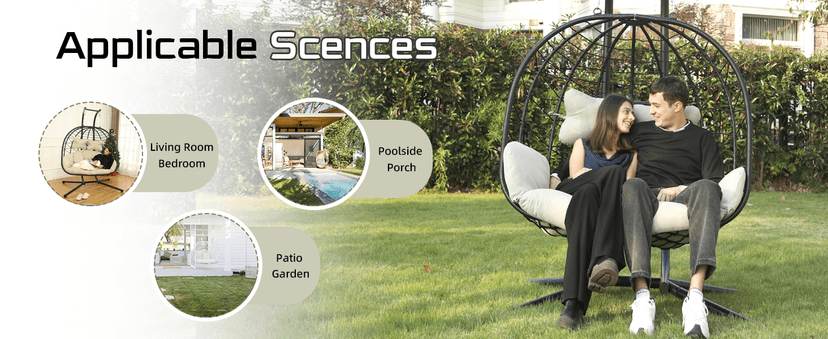 Double Egg Chair wth Stand Hammock Swing Chair Foldable Hanging Loveseat, UV Resistant Removable Cushions, 700LBS Capacity for Bedroom, Balcony, Garden(BK-BE)