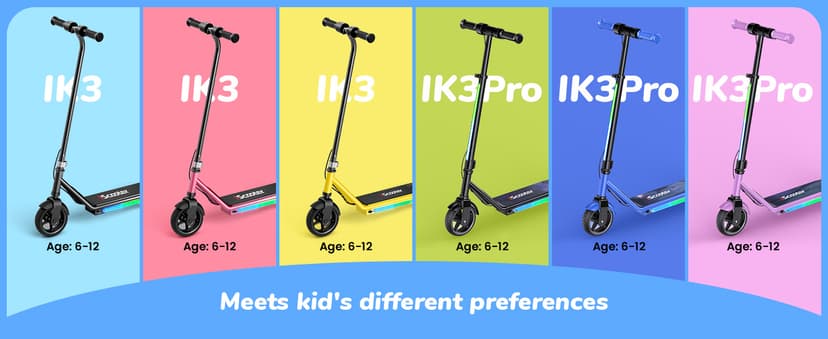 iScooter IK3/IK3Pro Electric Scooter for Kids Aged 6-12, LED Display, 3 Speeds, 3 Heights (IK3Pro), Magnetic Charging, 150W Motor, Colorful Lights
