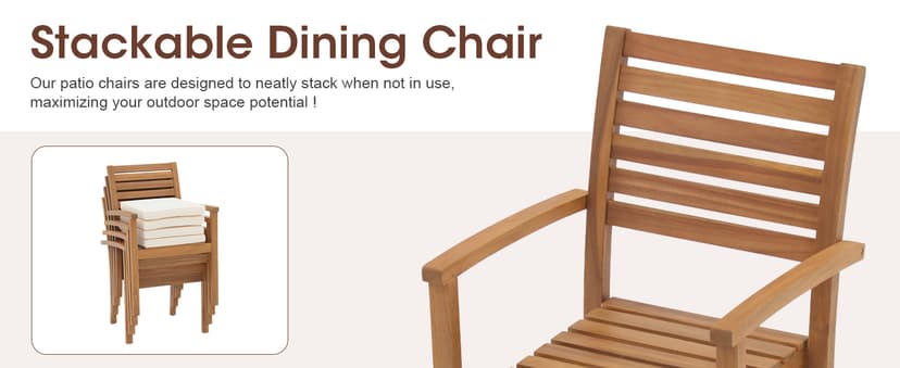 OC Orange-Casual Stackable Patio Dining Chairs Set of 4, Outdoor Acacia Wooden Chairs w/Armrest & Removeable Fabric Cushion, for Porch, Backyard, Garden, Indoor, Beige