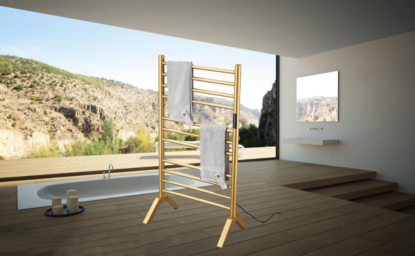 Electric Towel Warmers Radiator with Built-in Timer Gold, 140W Wall-Mounted & Freestanding Heated Towel Drying Rack with 11 Bars, 304 Stainless Steel Heated Towel Rail for Bathroom, Plug-in