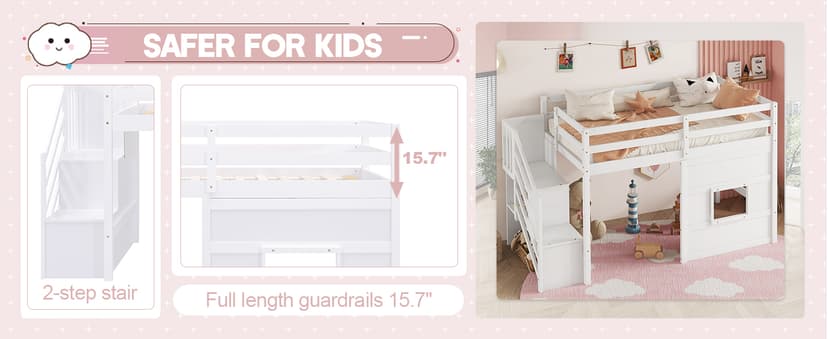 Twin Size Low Loft Bed with Stairs, Kids Loft Bed with Storage,Solid Wood Twin Loft Bed Frame for Kids, Space Saving Low Loft Bed for Boys, Girls, White