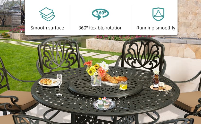 MEETWARM Outdoor 9-Piece Patio Dining Set, All-Weather Cast Aluminum Patio Conversation Set- 8 Cushioned Swivel Rocker, 61" Round Patio Dining Table w/Detachable Lazy Susan/Umbrella Hole, Dark Bronze