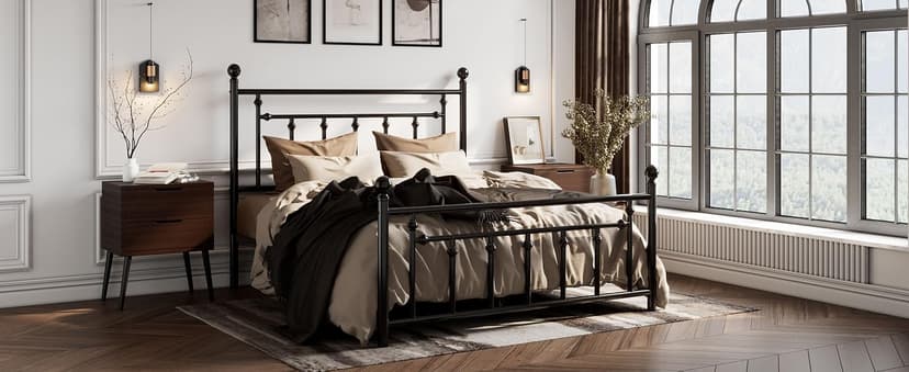 SHA CERLIN 14'' Queen Size Metal Platform Bed Frame/Victorian Headboard and Footboard/Steel Slats Mattress Foundation for Storage/No Box Spring Needed/Noise Free/Black