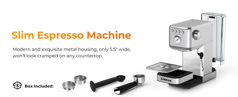 CHULUX Slim Espresso Machine with Milk Frother Steam Wand, 20 Bar Professional Italian Pump Espresso Coffee Machine for Home Cappuccino & Latte Maker, Silver