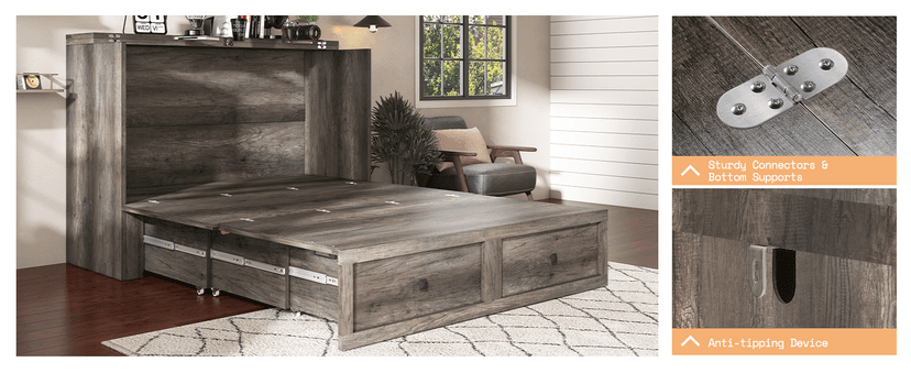 AMERLIFE Queen Murphy Bed with Storage & Charging Station, Farmhouse Murphy Cabinet with Foldable Panel, Noisy Free, for Living Room, Guest Bedroom, Office, Rustic Gray