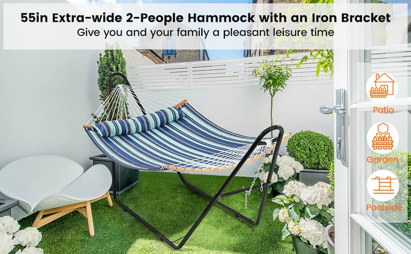 Yaheetech Hammock with Stand Set, Heavy-Duty Steel Hammock Stand for 2-3 People Outdoor, Porch, Patio, Deck and Backyard, Max Weight Capacity 475LB - Blue Stripe