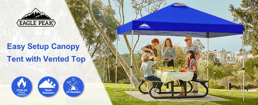 EAGLE PEAK Pop Up Canopy Tent with Wheeled Carry Bag, 8 Stakes, 4 Ropes, 4 Weight Bags, Easy Set Up Tent Canopy, 10x10 ft, 100sqft of Shade, Blue