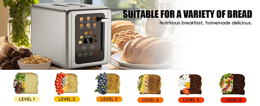 Touch screen Toaster 2 slice,Stainless Steel Digital Timer Toasters with Sound Function,6 Bread Types & 6 Shade Settings,Smart Extra Wide Slots Toaster with Bagel,Defrost Functions