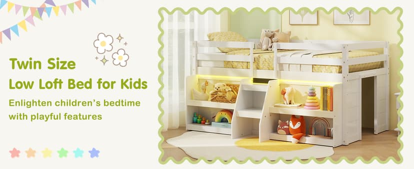 Giantex Low Loft Bed with LED Lights, Wooden Loft Bed Twin Size with Stairs & Safety Guardrail, Loft Bed for Kids with Storage Bookcase and Under-Bed Play Space, Grey