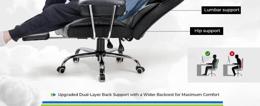 COMHOMA Big and Tall Office Chair, High Back Leather Gaming Chair with Footrest, Executive Ergonomic Office Chair with Pocket Spring Lumbar Support and with Outward Fixed Soft Armrests