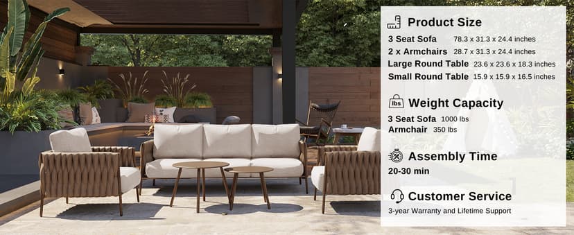 EAST OAK Life Chatter Patio Furniture Set 5 Pieces, Outdoor Furniture 5-Seat Sofa with Two Round Coffee Table, Waterproof Thick Cushion Deep Seating for Porch, Balcony, Chestnut Brown & Creamy Apricot