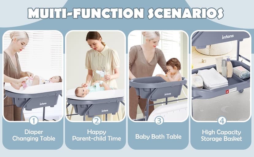 INFANS 2 in 1 Baby Changing Table with Bath Tub Unit, Folding Diaper Dresser Station with Wheels Waterproof Pad Storage Rack, Portable Nursery Organizer Stand for Newborn Infant (Light Grey)