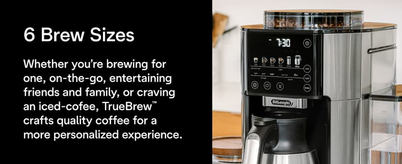 De'Longhi TrueBrew Drip Coffee Maker, Built in Grinder, Single Serve, 8 oz to 24 oz with 40 oz Carafe, Hot or Iced Coffee, Stainless,CAM51035M