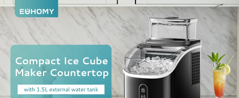 EUHOMY Ice Cube Maker Machine Countertop with External Water Tank, 34Lbs, 16Pcs Ready in 13 Mins, 2 Ways to Add Water, Auto-Cleaning, with Ice Scoop & Basket, for Home/Kitchen/Office/Bar (Black)