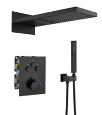 MONDAWE 28 Inch Flush-Mounted Thermostatic Shower System in Matte Black, 64 Colors LED and Bluetooth Control Music Rainfall Shower Head, Handheld Spray and Body Jets, High Pressure Shower Faucet Set