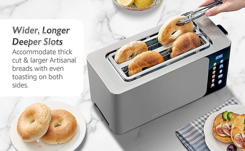 Elite Gourmet ECT5924D SmartToast Digital Long Slot 4 Slice Toaster, 1.5” Wide Slots for Thick Breads & Bagel Function, LED Touch Screen, Countdown Timer, 6 Shades, Stainless Steel