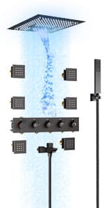 Smart Shower System with Body Jets, Black Shower Head and Handle Set,16" Ceiling Mount Rainfall Waterfall Shower Jets System with Tub Spout,Thermostatic Shower System Bathroom with Music and Led Light