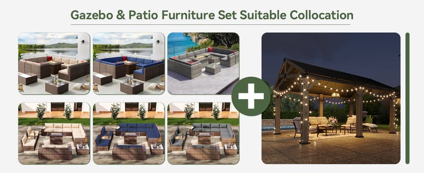 Aoxun 12' x 16' Outdoor Wood Gazebo, Hardtop Gazebo Permanent Wooden Pavilion with Galvanized Steel Gable Roof, for Patio, Garden, Deck, Cedar Wood