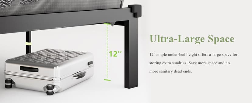 Feonase Full Size Metal Bed Frame, Heavy-Duty Platform Bed Frame with Linen Upholstered Headboard, 12" Storage Space, Steel Slats Support, No Box Spring Needed, Gray