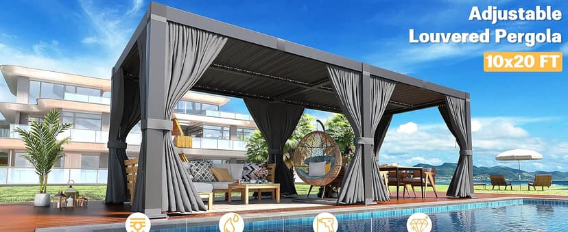 Pergola 10x20 Ft Louvered Pergola Aluminum Outdoor Pergolas W/Adjustable Roof, Waterproof Curtains and Nets Outdoor Gazebo for Deck,Patio,Backyard and Garden