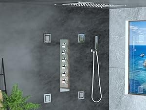 HOMEDEC Luxury Full Body Shower Jets System, 15x28inch Rain Shower Faucet Set Combo with 4pcs Adjustable Large Body Jet with Handheld Spray (Matte Black, 3 Functions Shower Head)