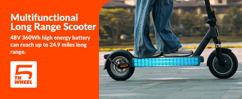 5TH Wheel V40 PRO Electric Scooters, 48V 800W Peak Motor & 20 MPH, 24.9 Miles Range, 10" Solid Tires, Front-N-Rear Suspension and Ambient Light, Folding Sport Scooters with Dual Brake System and APP