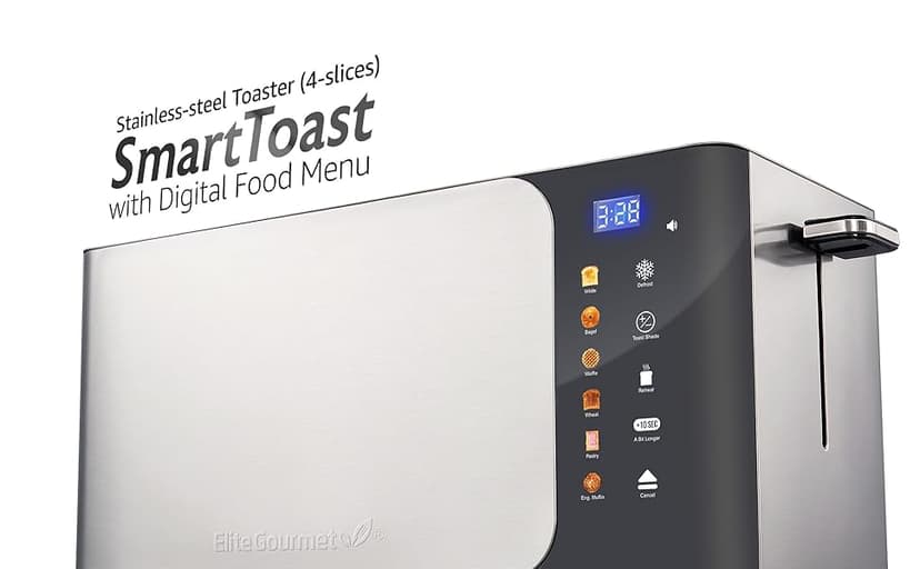 Elite Gourmet ECT5924D SmartToast Digital Long Slot 4 Slice Toaster, 1.5” Wide Slots for Thick Breads & Bagel Function, LED Touch Screen, Countdown Timer, 6 Shades, Stainless Steel