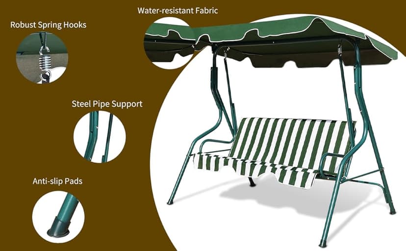 Tangkula 3 Person Porch Swing, Patio Swing with Removable Cushion & Powder-Coated Steel Frame, Outdoor Swing with Canopy for Porch, Backyard, Garden, Balcony (Green)