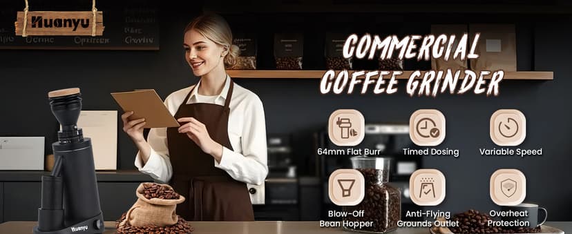 Huanyu Commercial Coffee Grinder Variable Speed Time Based Dosing Flat Burr Knob Control Professional Grinder with 8 Stepless Grinding Settings