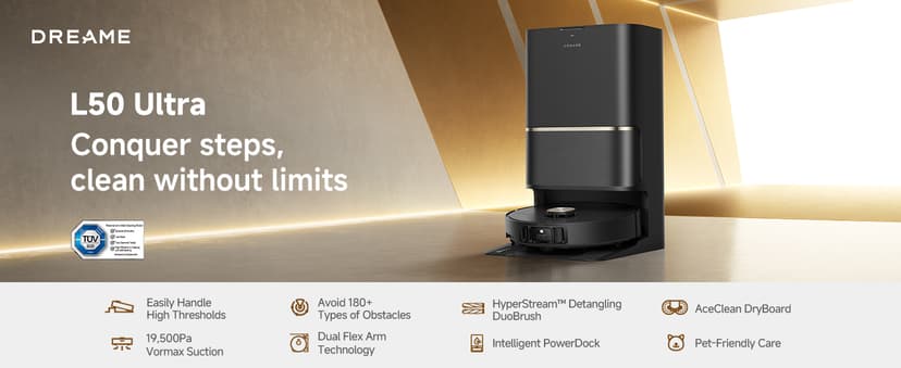 DREAME L50 Ultra Robot Vacuum and Mop Black with Auto-Empty and Mop Self-Cleaning, Precise Obstacle Avoidance, 19,500Pa Suction, HyperStream Detangling DuoBrush