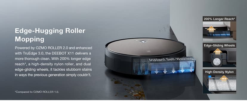 ECOVACS DEEBOT X11 OmniCyclone Robot Vacuum and Mop, PowerBoost Charging, OZMO Roller 2.0 Instant Self-Washing Mop, 19,500Pa Suction, Bagless OmniCyclone Station, AIVI 3D Smart Navigation