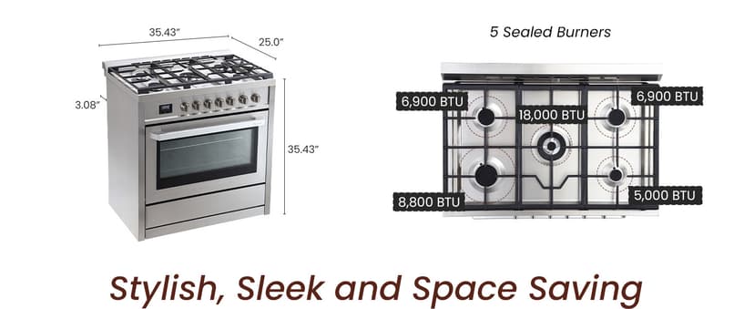 RRG361TS 36" Gas Range, 5 Sealed Burners, 4.3 cu. Ft. Capacity, Freestanding Slide-in Convection Oven, Easy Reach Racks, Clock and Timer, Stainless Steel