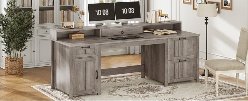 SEDETA Farmhouse 63" Executive Desk, Wood Computer Desk with Drawers and Storage Cabinet, Home Office Desk with File Drawer and Monitor Stand, Wood Desk for Work Study Writing, Grey