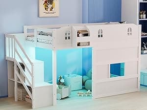 JOYMOR Low Loft Bed with Led Light, Loft Bed Twin Size with Castle Guardrail and Window, Staircase and Book Rack, Smart APP Control,No Box Spring Needed (White with Staircase)