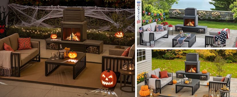 Sunjoy Outdoor Fireplace with Wood Storage and Chimney, Steel Metal Fire Pit with Mesh Spark Screen Door & Fire Poker, Fireplace Tool and PVC Cover, for Patio Garden Deck Backyard, Black