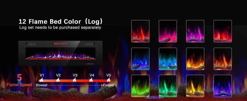 R.W.FLAME 60" Recessed and Wall Mounted Electric Fireplace, Low Noise, Fit for 2 x 6 Stud, Remote Control with Timer, Touch Screen, Adjustable Flame Color and Speed, 750-1500W