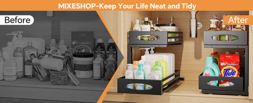 Under Sink Organizer, Pull Out Cabinet Organizers, Slide Sink Steel Shelf Cabinet Storage Shelves, Under Sink Storage for Kitchen Bathroom Cabinet (Black, 2 Pack)