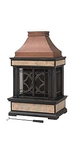 Sunjoy Outdoor Fireplace, Smith Collection Patio Wood Burning Steel Fireplace with Chimney, Spark Screen, Fire Poker, and Removable Grate, Copper with Yellow Tile