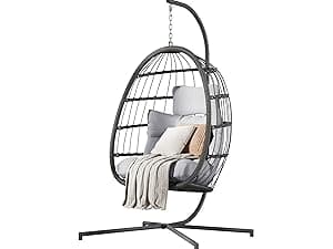 HWB Hanging Egg Chair with Stand, Patio Wicker Hammock Egg Swing Chair with Cushion for Bedroom Garden Indoor Outdoor (Beige)