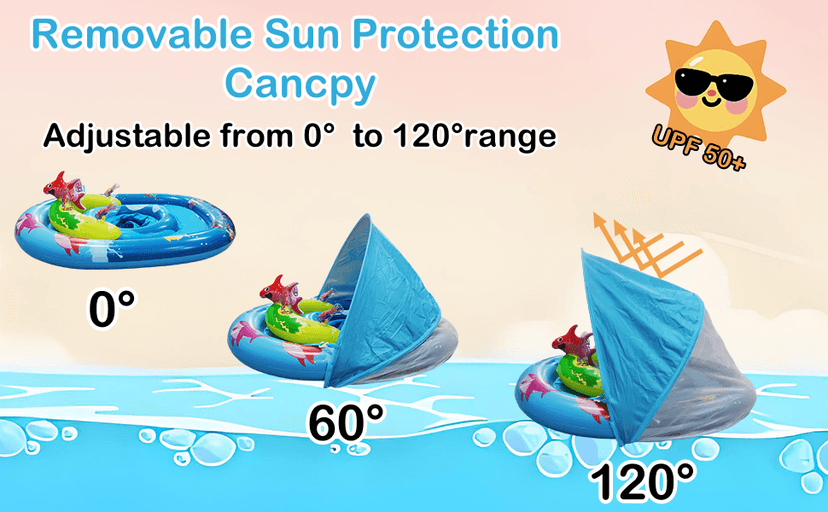 Inflatable Baby Pool Float with UPF50+ Sun Protection Canopy, Adjustable Safety Seat & Interactive Toy Play Console - Includes Ocean Animal Toys for Infants & Toddlers 3-36 Months